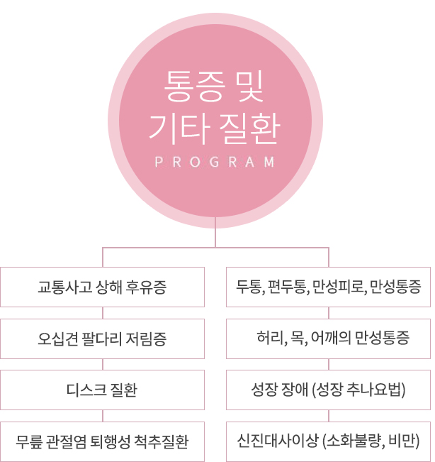 통증 및 기타 질환 - 교통사고 상해 휴우증, 두통, 편두통, 만성피로, 만성통증, 오십견 팔다리 저림증, 만성허리, 목, 어깨 통증, 디스크 질환, 성장 장애(성장 추나요법), 무릎 관절염 퇴행성 척추질환, 신진대상이상(소화불량, 비만)